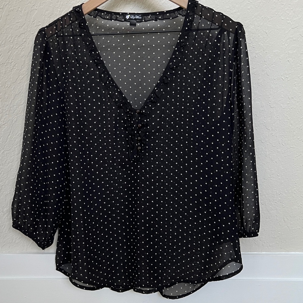Lily White Black & White Polka Dot Sheer Blouse